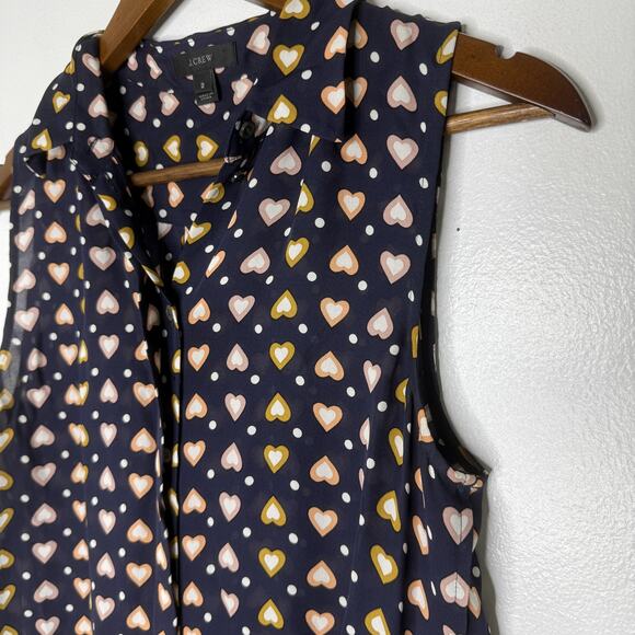 J Crew Shirt Womens 2 Navy Blue Heart Print Sleeveless 100% Silk Blouse Top - Picture 2 of 7